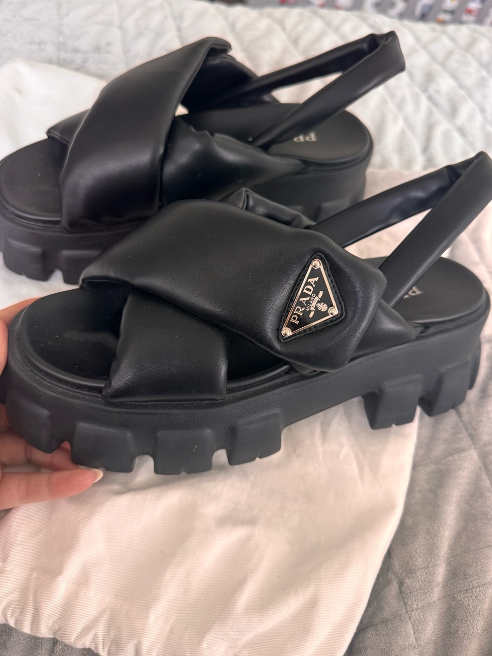 Prada Black Padded Leather Lug-Sole Platform Sandals 🚫No boxes🚫 - Picture 3 of 5